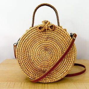 Woven Rattan Handbag Purse Brown Crossbody Round Retro Boho Chic NEW no Tags